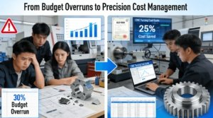 Student engineering team transforming from 30% budget overrun with failed prototypes to professional CNC cost management achieving 25% savings with ISO 9001 certified processes.